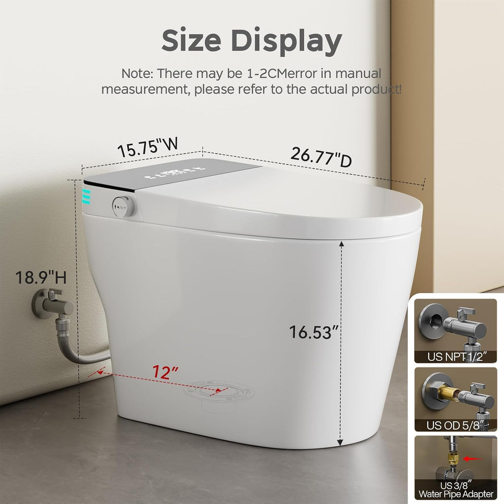 Smart Toilet with Bidet Built In, One Piece Bidet Toilet with Auto Dual Flush, Foam Shield, Modern Elongated Tankless Toilet with Foot Sensor, Heated Bidet Seat, Warm Water & Dryer,LED Display
