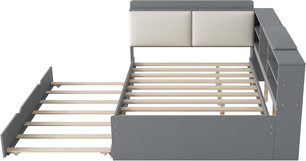 Corner Bed Frame with Storage Upholstered Headboard,Bookcase and Trundle,Full Size Floor Platform Bed with Rotatable Storage Board and Slat Support,Grounded L Shape Sofa Bed for Dorm or Guests,Gray