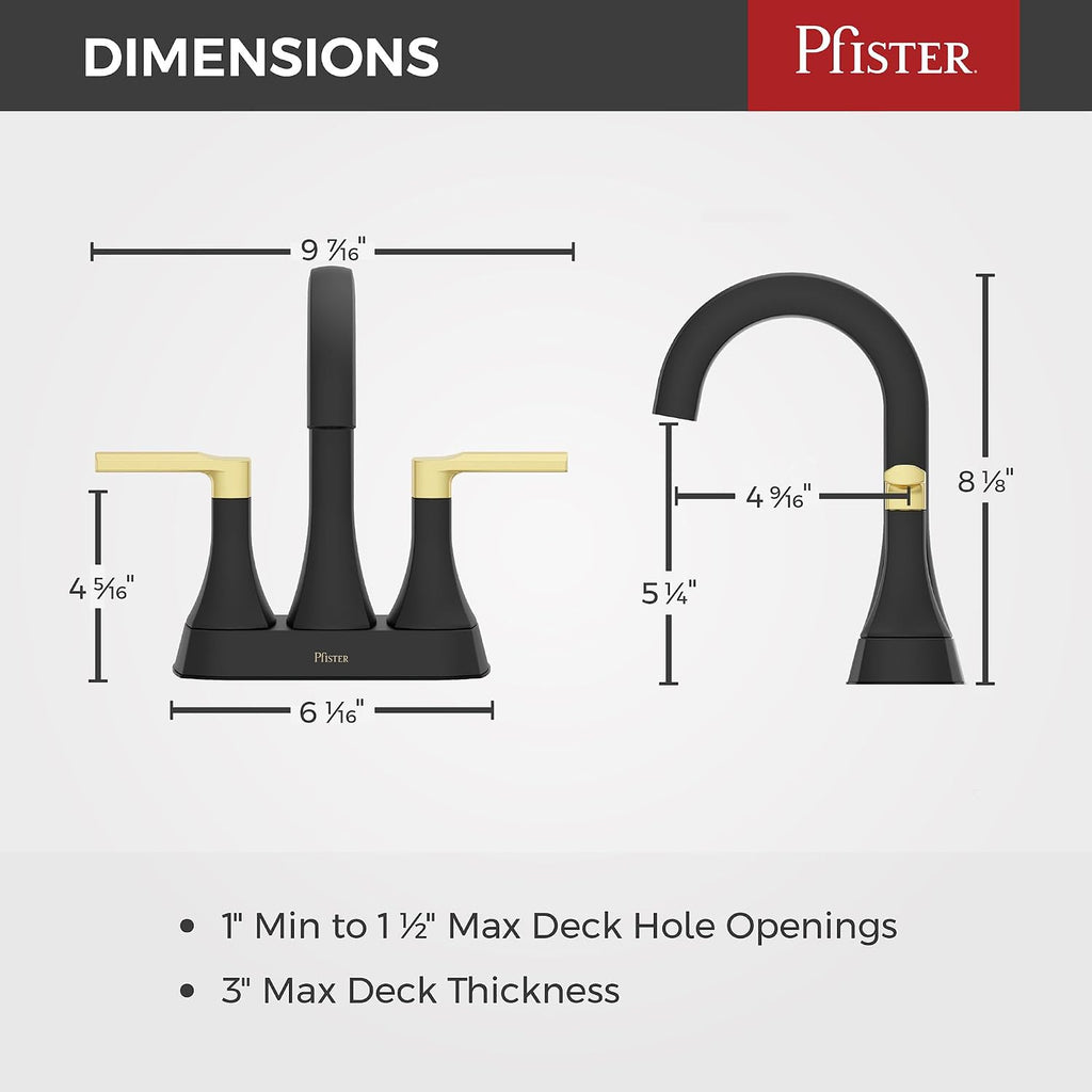 Pfister Vaneri Bathroom Sink Faucet 4 inch Centerset 2 Handle 3 Hole Matte Black and Brushed Gold Finish NSF Certified Water Efficient Push Seal Drain LF048VRIBBG