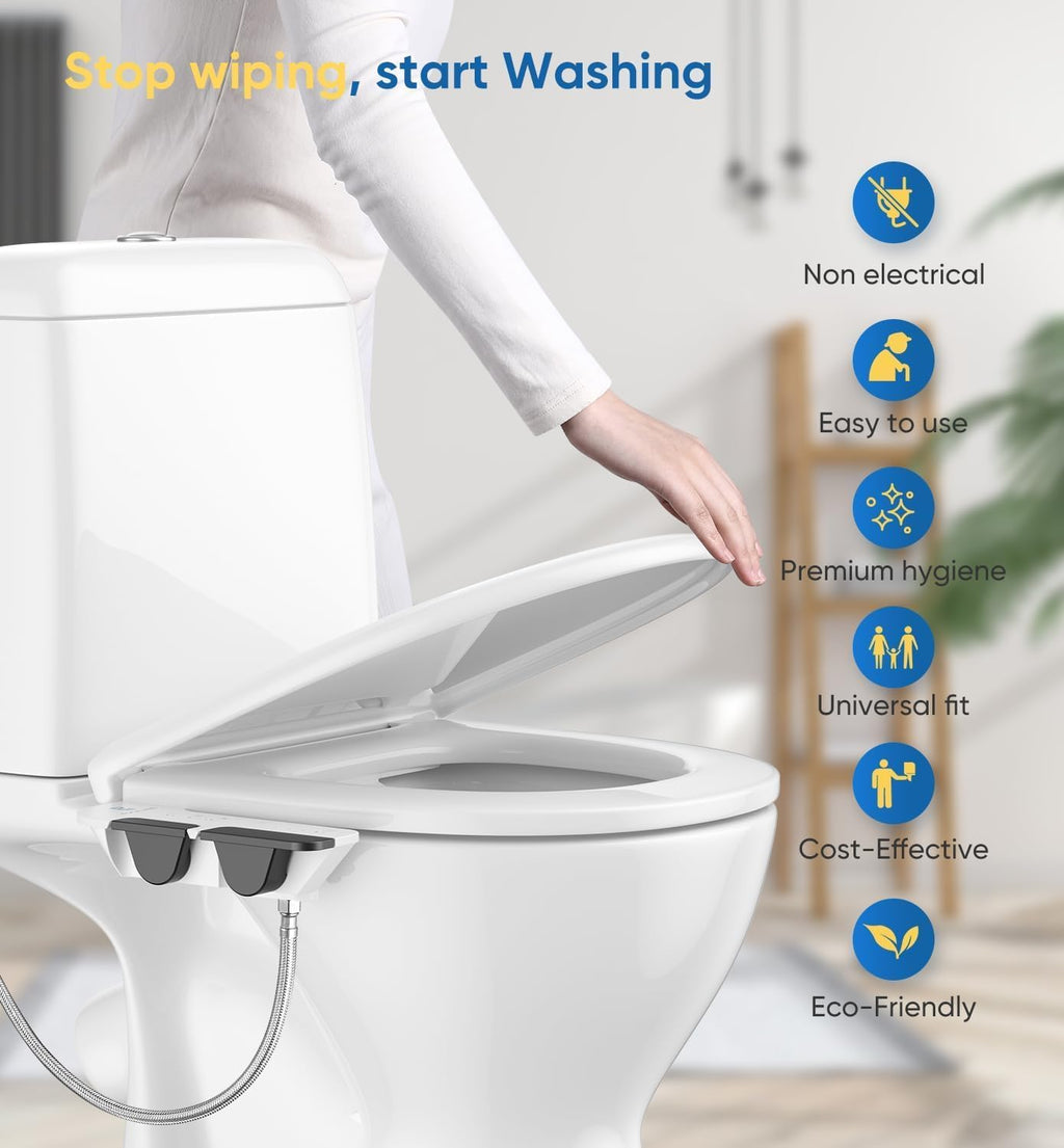 Ultra-Slim 3-in1 Bidet, Self-Cleaning, Posterior&Feminine Wash-(Retractable Dual Nozzles), Non-Electric Bidet Attachment, Adjustable Fresh Cold Water Pressure, Stainless Steel Inlet（2PCS）