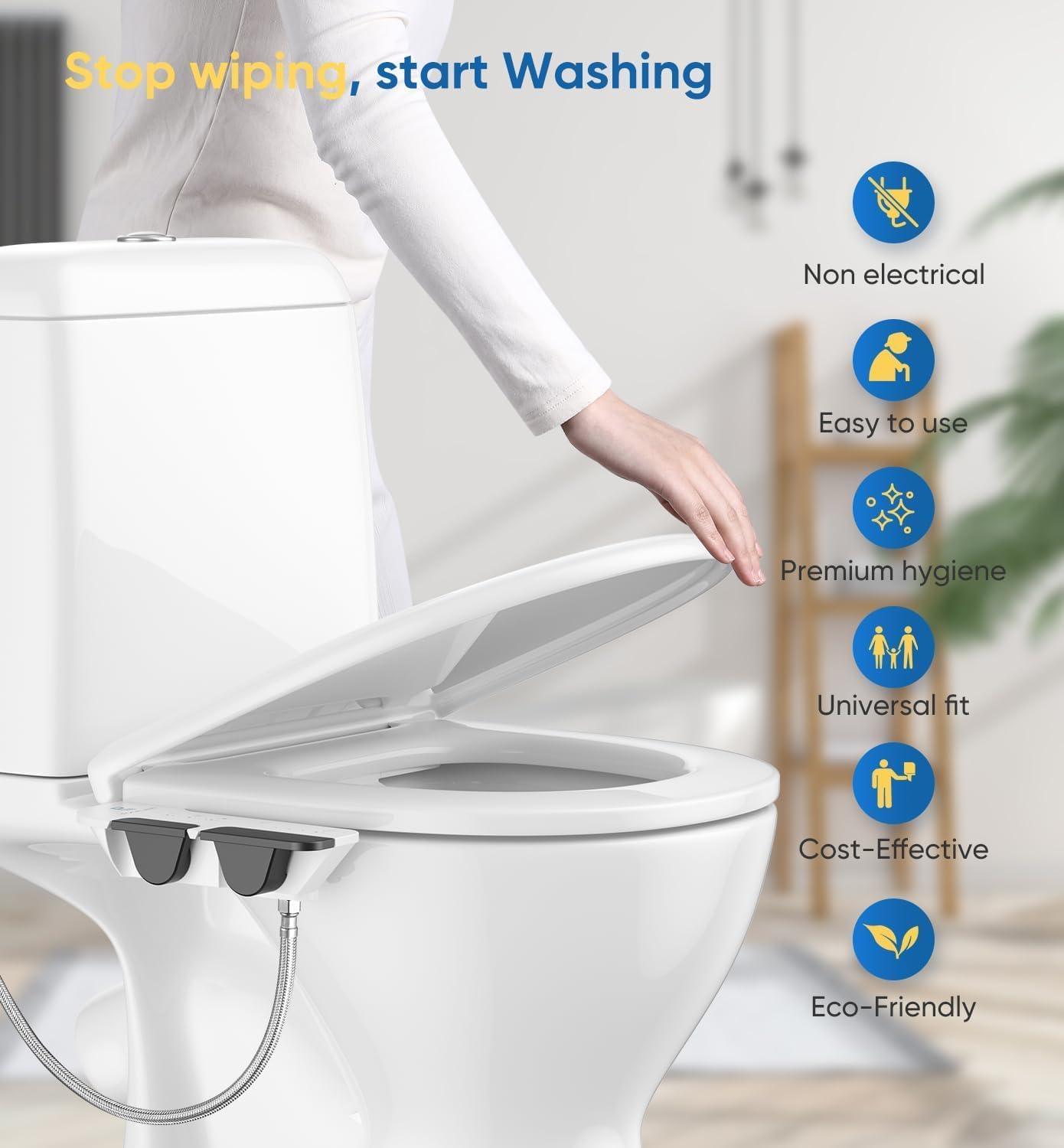 Ultra-Slim 3-in1 Bidet, Self-Cleaning, Posterior&Feminine Wash-(Retractable Dual Nozzles), Non-Electric Bidet Attachment, Adjustable Fresh Cold Water Pressure, Stainless Steel Inlet（2PCS）