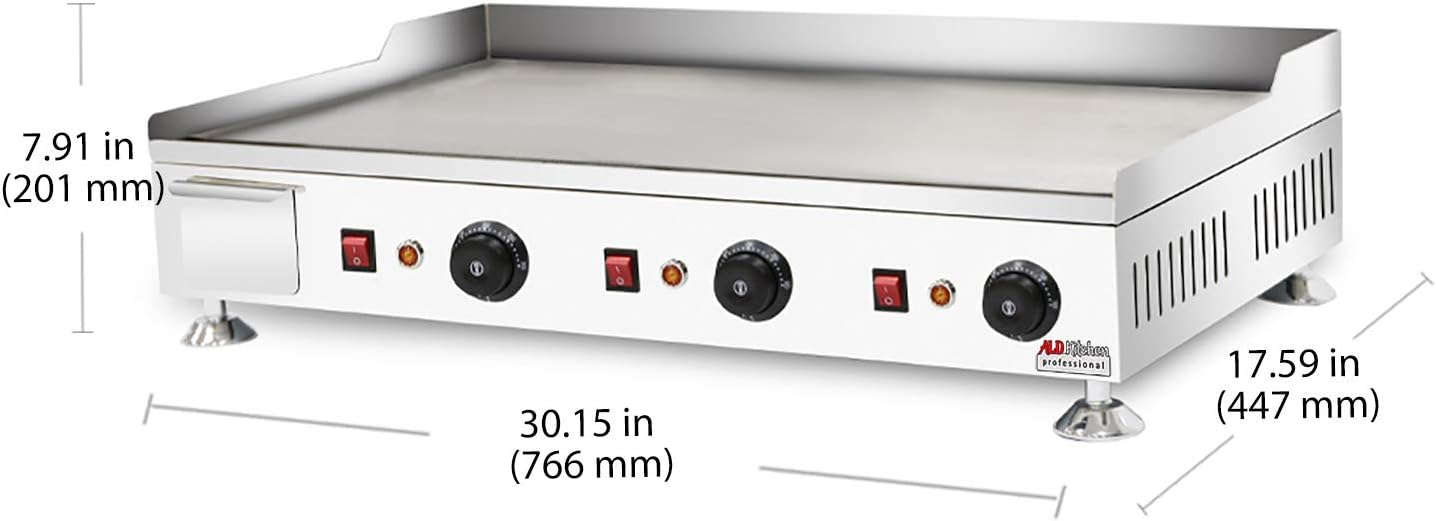 ALDKitchen Flat Top Griddle | Teppanyaki Grill with Dual Thermostat | No plug | 110V (30.15' x 17.59')