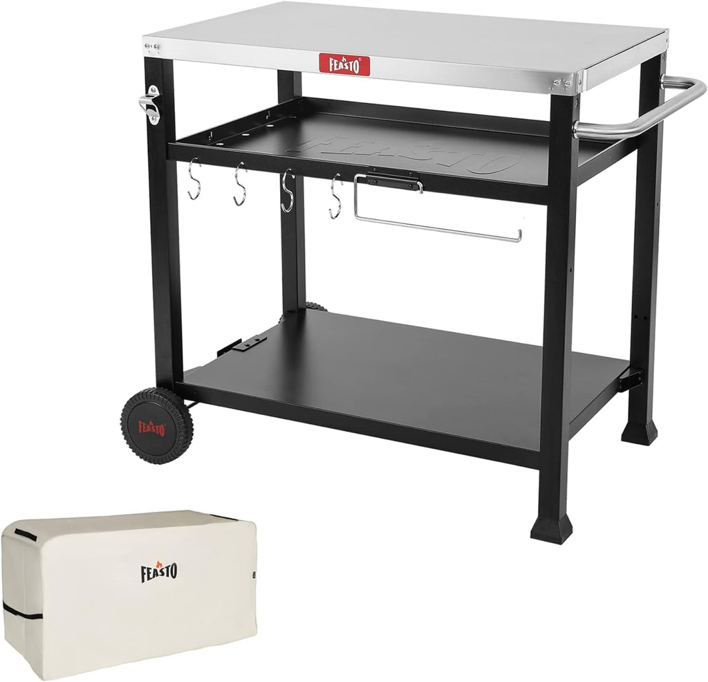 Feasto 3-Shelf Pizza Oven Table 33.5' x 21.7' Stainless Top, Rolling Outdoor Grill Cart with Waterproof Cover for Pizza Ovens & Griddles, Heavy-Duty BBQ Prep Station for Patio & Deck, Black