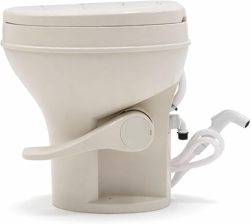 SEAFLO Residential Height Bone Camper/RV Toilet with Sprayer Attachment, 18.5' Standard Height, Gravity Flush System, Pedal Operation, Soft Close Seat, 4-Year Warranty (Bone W/Sprayer Attachment)