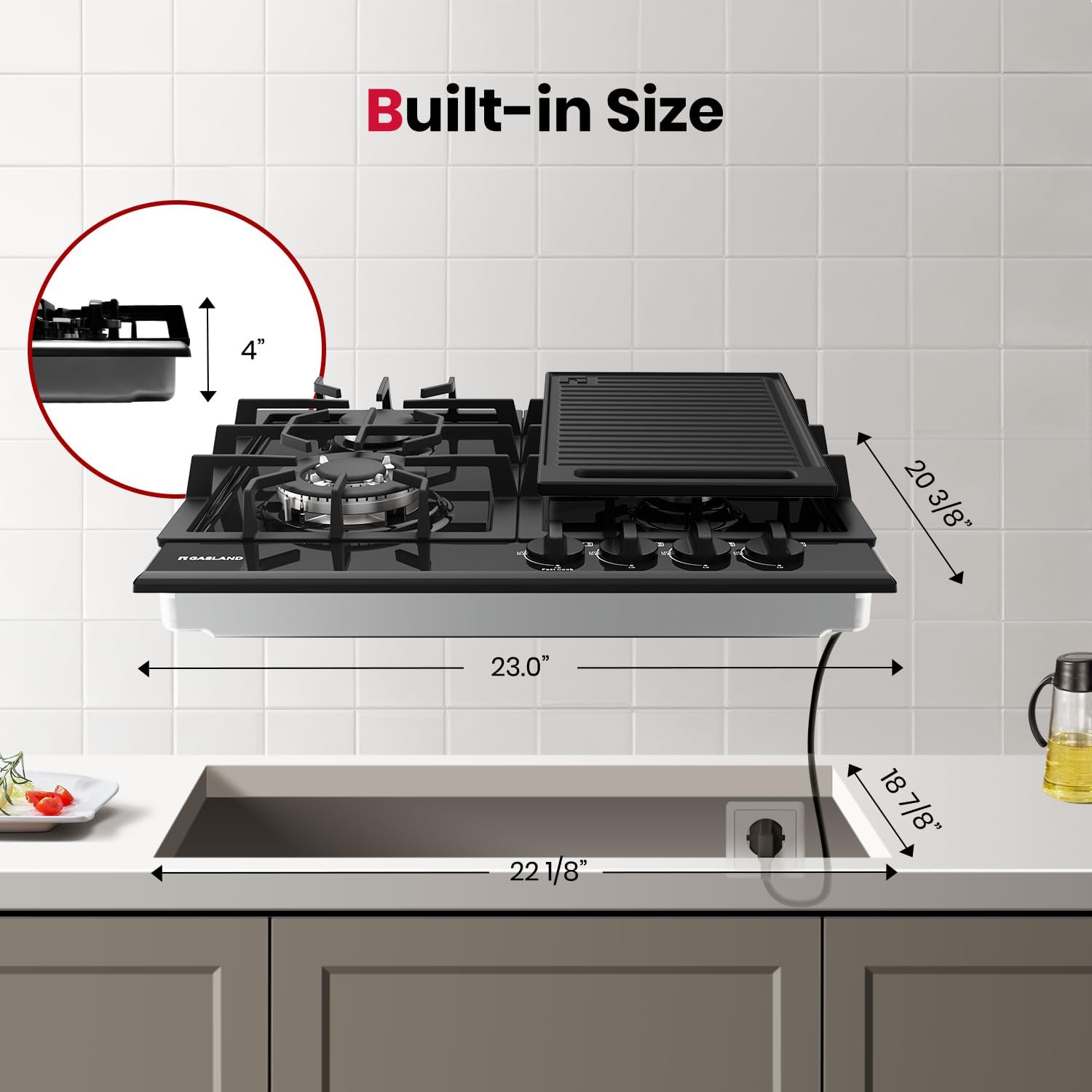 GASLAND 24 Inch Gas Cooktop with Griddle 4 Burners, GH60EF Drop-in Propane Stove Top with Thermocouple Protection, LPG/NG Convertible Dual Fuel Natural Gas Hob, Black