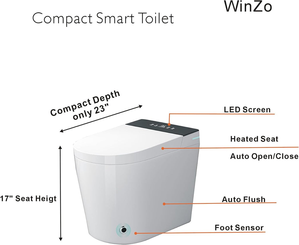 WinZo Compact Round Toilet 23' Depth,Smart Auto Flush Instant Heating and Drying For Small Modern Bathroom 12' Rough-in,White