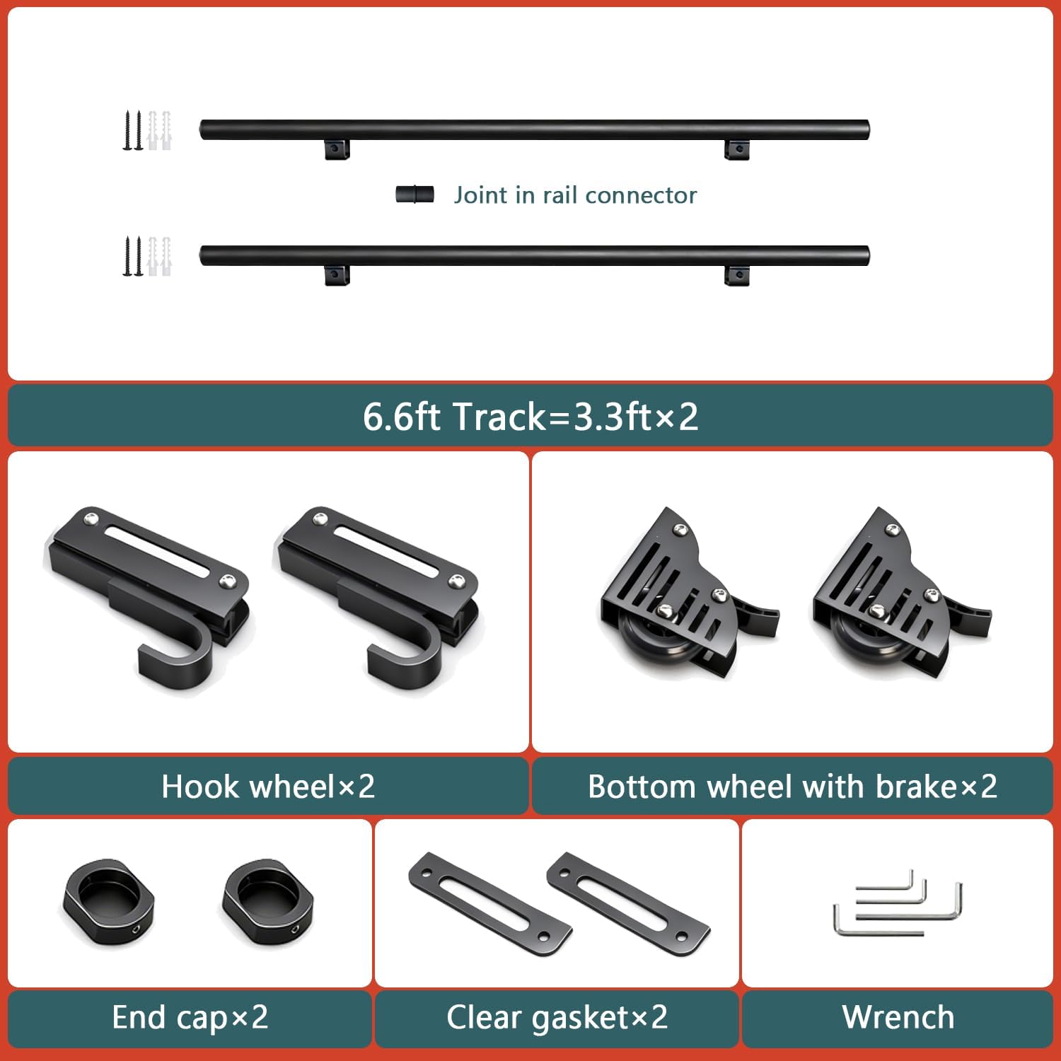 6.6FT Sliding Library Ladder Hardware Kit,Black Telescopic Top Hook,Bottom Wheel with Brake,MAX Load 300lbs,No Ladder