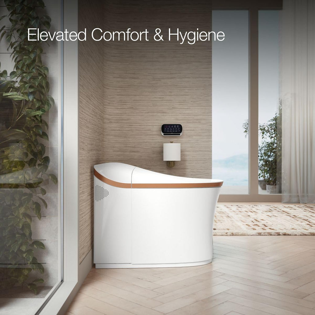 KOHLER K-77795-0SG Eir Comfort Height One-Piece Elongated, Dual-Flush, Smart Toilet with Bidet Built In, White with Sunrise Gold Trim