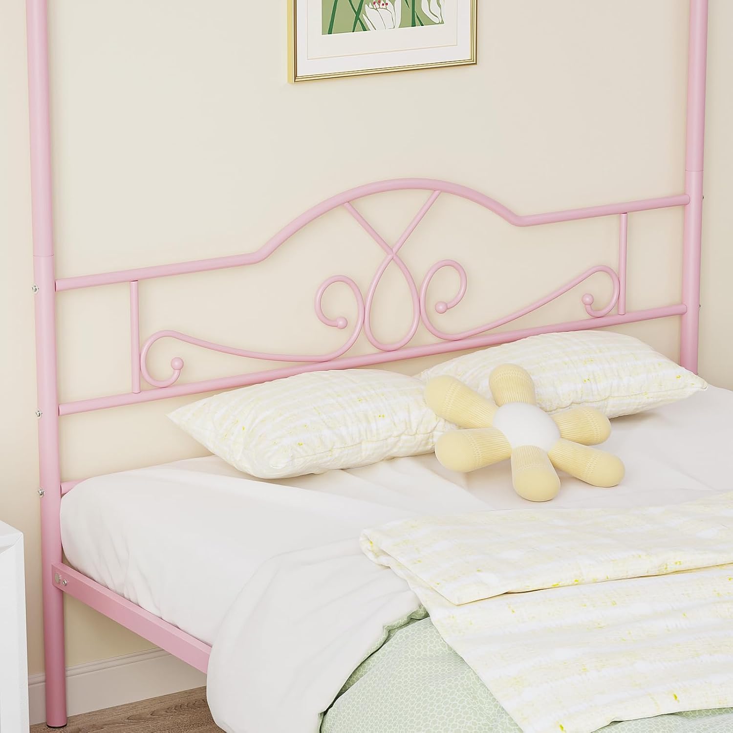 Weehom Full Canopy Bed Frame with Headboard and Footboard, Four-Poster Metal Canopied Platform Bed Mattress Foundation Underbed Storage Space No Box Spring Needed for Girls Adults Pink