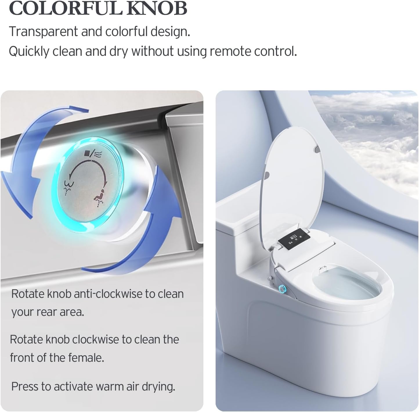 XCQQ Electric Bidet Toilet Seat with Remote, Heated Toilet Seat, Instant Warm Water, Warm Air Dryer, Rear & Feminine with Oscillating Cleansing, Night Light, Slow Close Lid, LED Display - Round