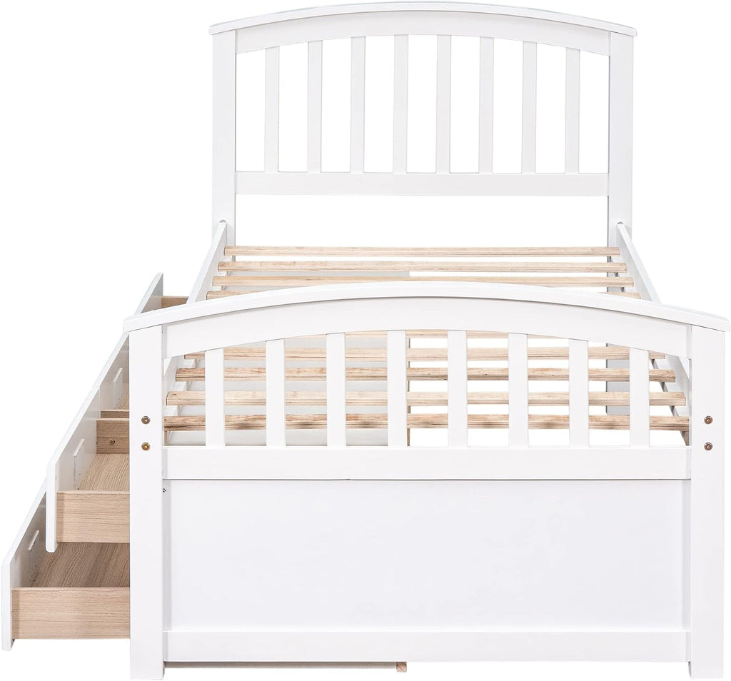Merax Twin Size Platform Storage Bed Solid Wood Bed with 6 Drawers,White