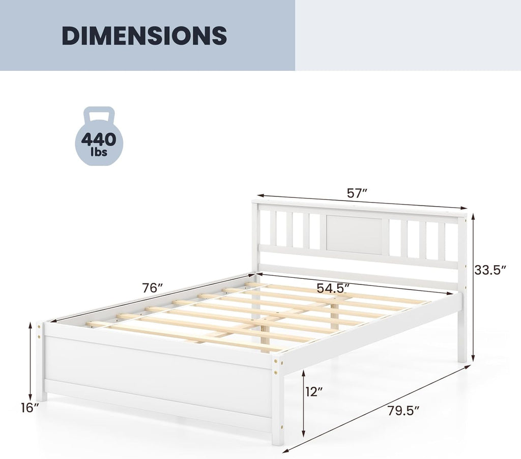 Giantex Full Size Solid Wood Platform Bed Frame, Mid Century Full Bed Frame with Headboard, Wood Slat Support, Double Panel Bed, No Box Spring Needed, Easy Assembly, White
