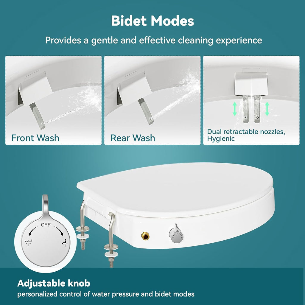 Clirass 3' Raised Toilet Seat with Bidet - Non-Electric Bidet with Dual Nozzles - Elevated Toilet Risers for Seniors & Limited Mobility - Easy Install & Clean (Elongated)