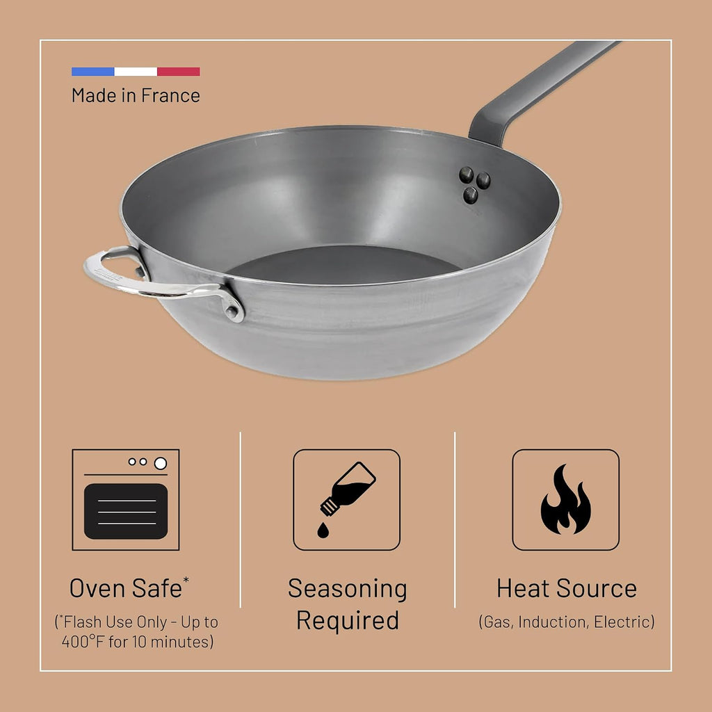 de Buyer MINERAL B Carbon Steel Country Fry Pan - 12.5' Diameter, 8.9' Cooking Surface - Ideal for Sauteing, Simmering, Deep & Stir Frying, One-Pan Meals - Naturally Non-Stick Finish - Made in France