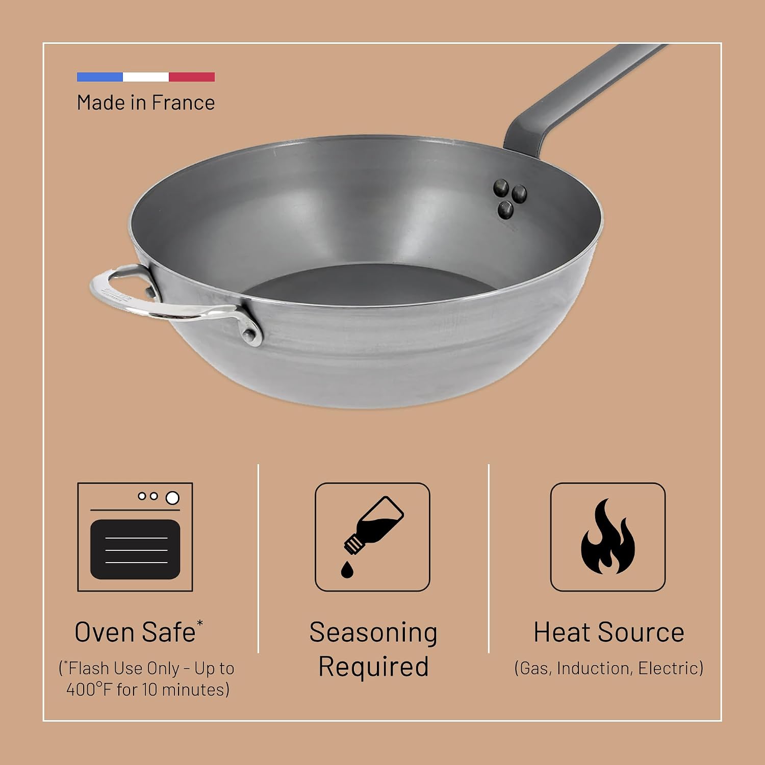 de Buyer MINERAL B Carbon Steel Country Fry Pan - 12.5' Diameter, 8.9' Cooking Surface - Ideal for Sauteing, Simmering, Deep & Stir Frying, One-Pan Meals - Naturally Non-Stick Finish - Made in France