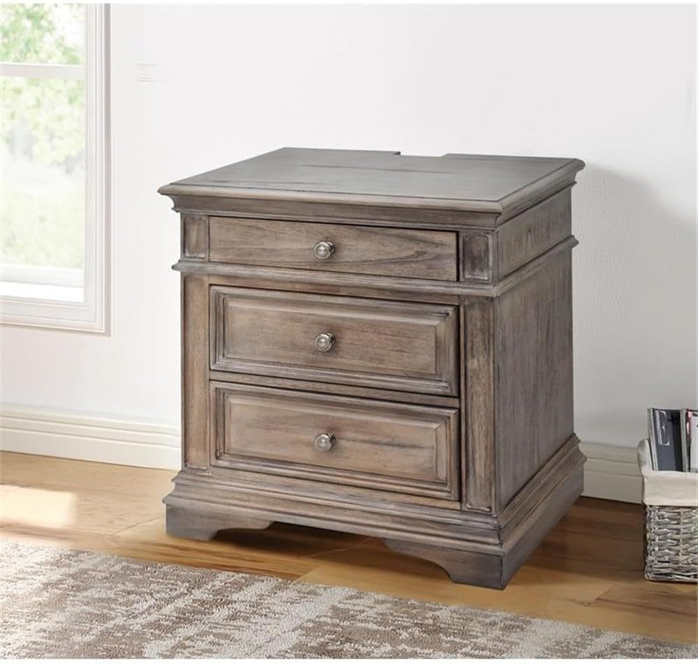 Pemberly Row Solid Wood Queen Panel Bed, Driftwood Gray Finish, Upholstered Button Tufted Headboard, Cream Fabric with Antique Brass Nail Trim, Elegant Vintage Bedroom Furniture 68' H x 67.5' W x 90'