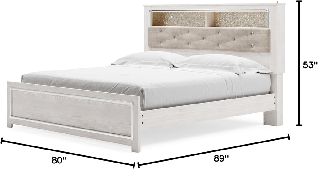 Signature Design by Ashley Altyra Modern King Tufted Panel Bookcase Bed, Foundation or Box Spring Not Needed, White