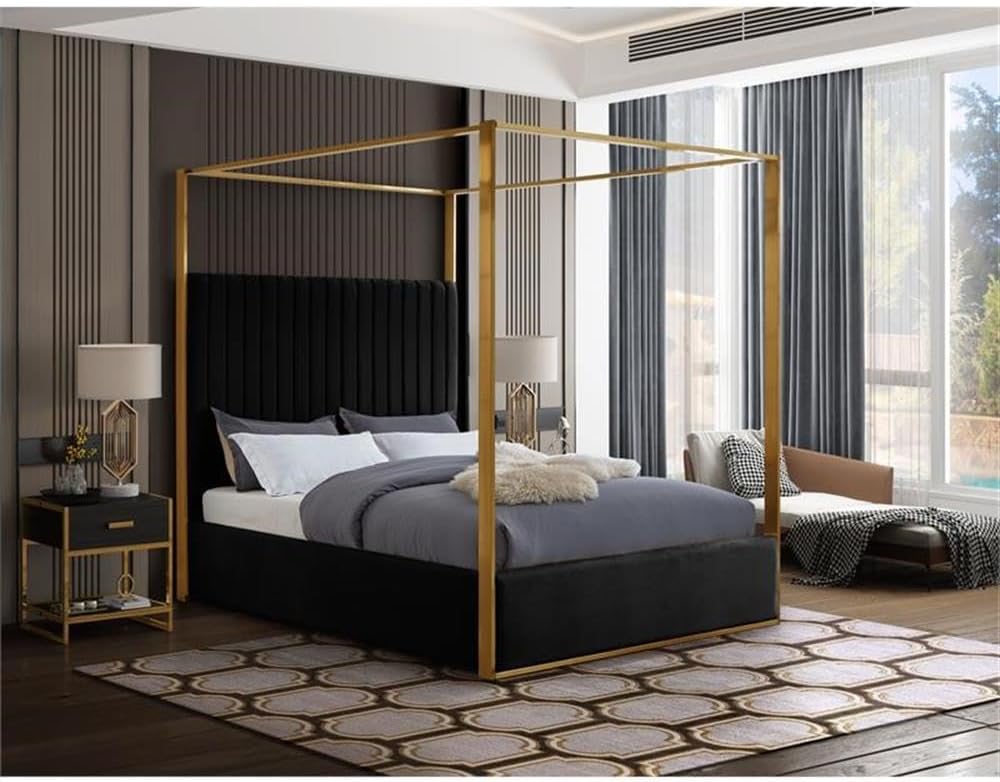 Meridian Furniture JonesBlack-Q Jones Collection Modern | Contemporary Upholstered Queen Bed, Black Velvet, Channel Tufting, Brushed Brass Frame, 66.5' W x 86.5' D x 79' H, Black, Queen