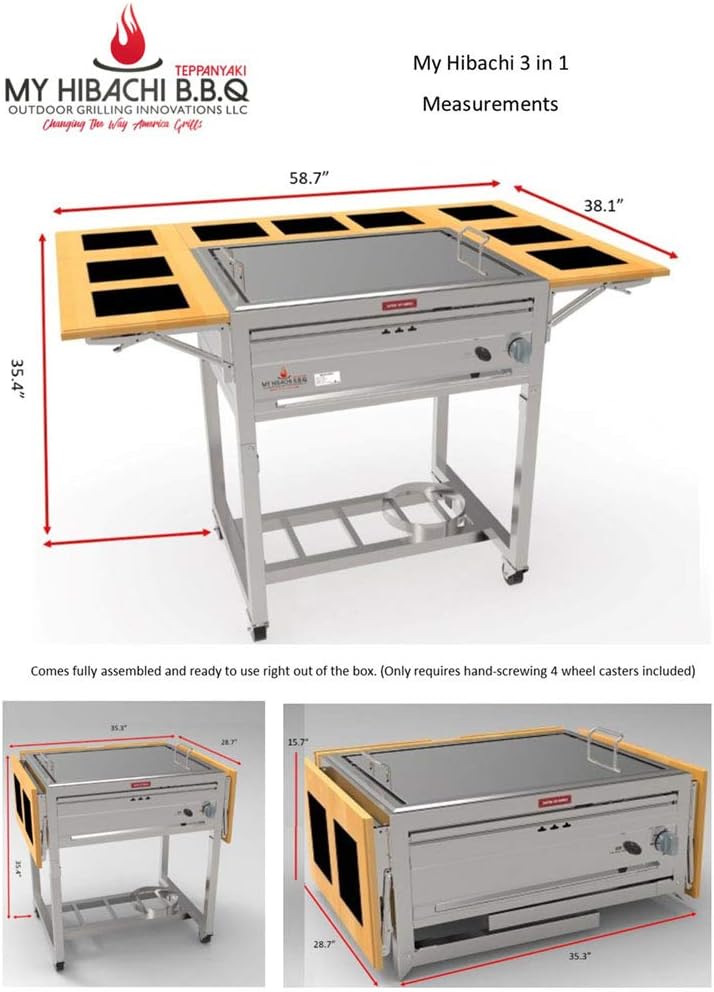 3-in-1 Sit Around Grill with Flat Top Teppanyaki Griddle, BBQ Rack and Cast Iron Grill - Propane Gas and Stainless Steel - Perfect for Outdoor Cooking and Portable for Tailgating, HBC1B