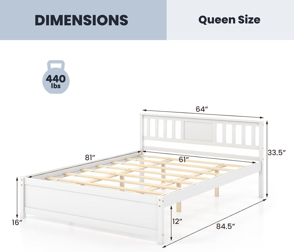 Giantex Queen Size Solid Wood Platform Bed Frame, Mid Century Queen Bed Frame with Headboard, Wooden Slat Support, Queen Panel Bed, No Box Spring Needed, Easy Assembly, White