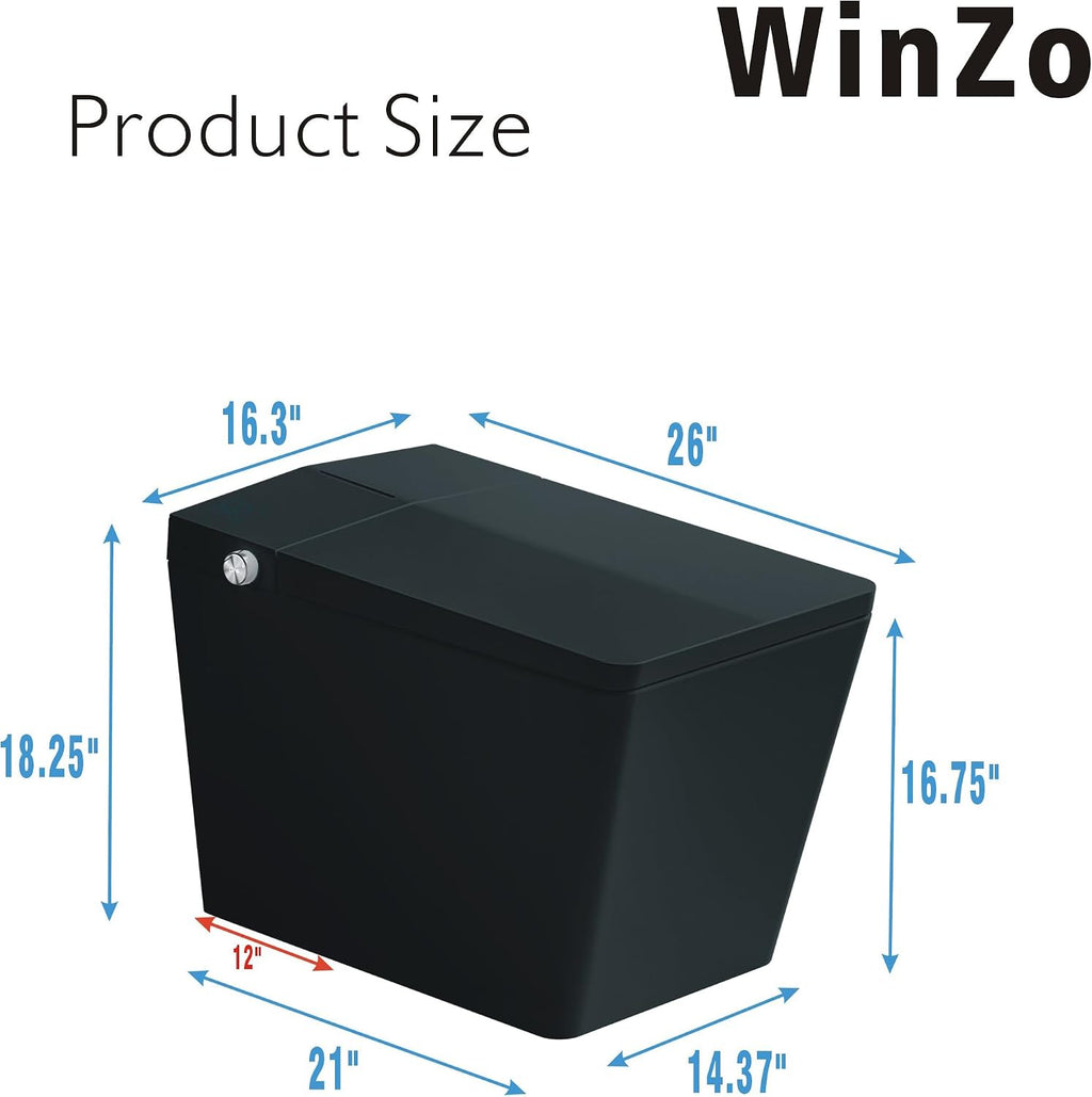 WinZo Square Smart Toilet for Bathroom with Built-in Tank, Remote Control, Intelligent Toilet with Auto Open/Close Lid, Auto Flush, Heated Bidet Seat, Warm Water and Dry,LED, Black