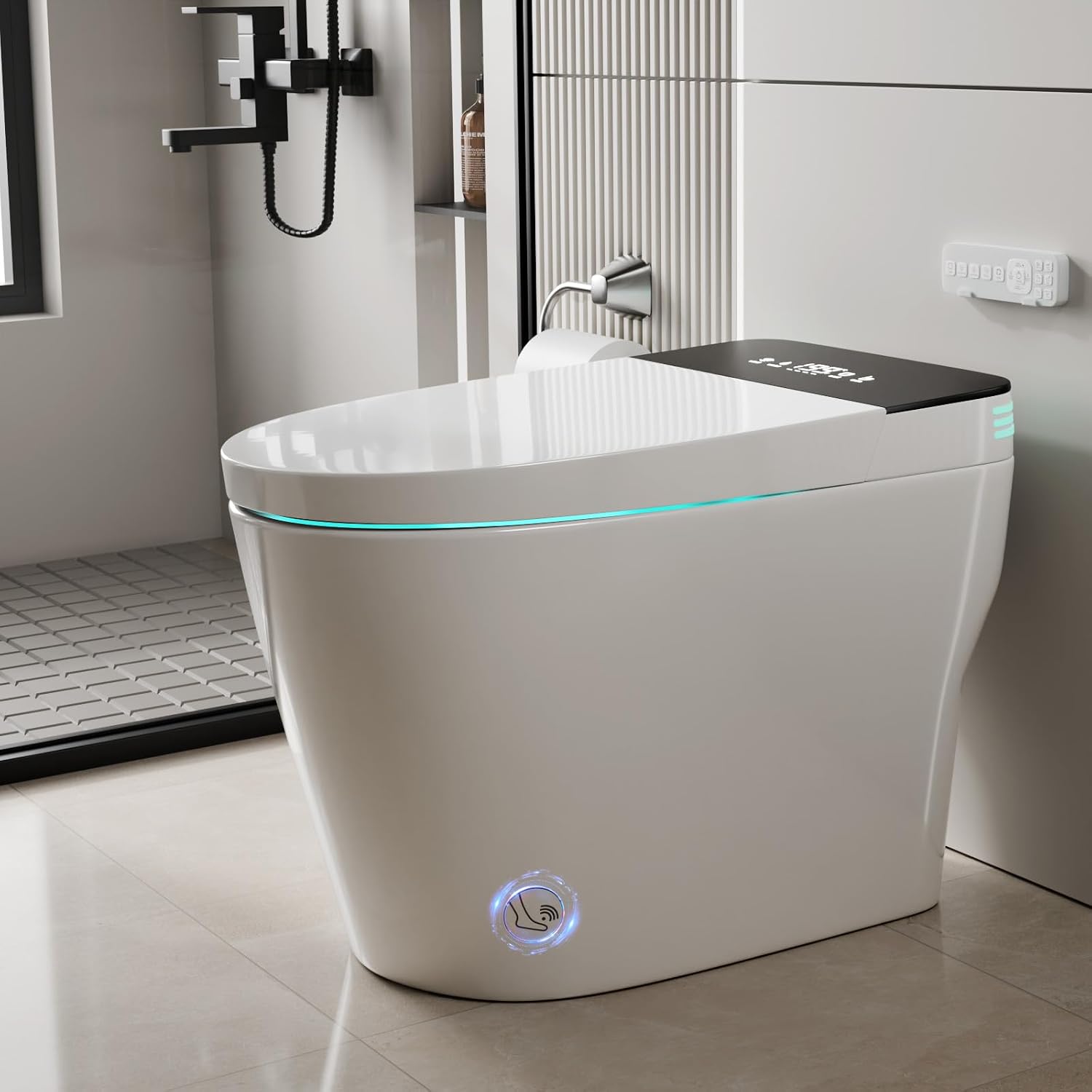 Smart Toilet with Bidet Built In ADA Height 17.7', One Piece Tankless Bidet Toilet with Auto Open Close, Foam Shield, Voice Control Modern Elongated Toilet with Heated Seat, Warm Water & Dryer