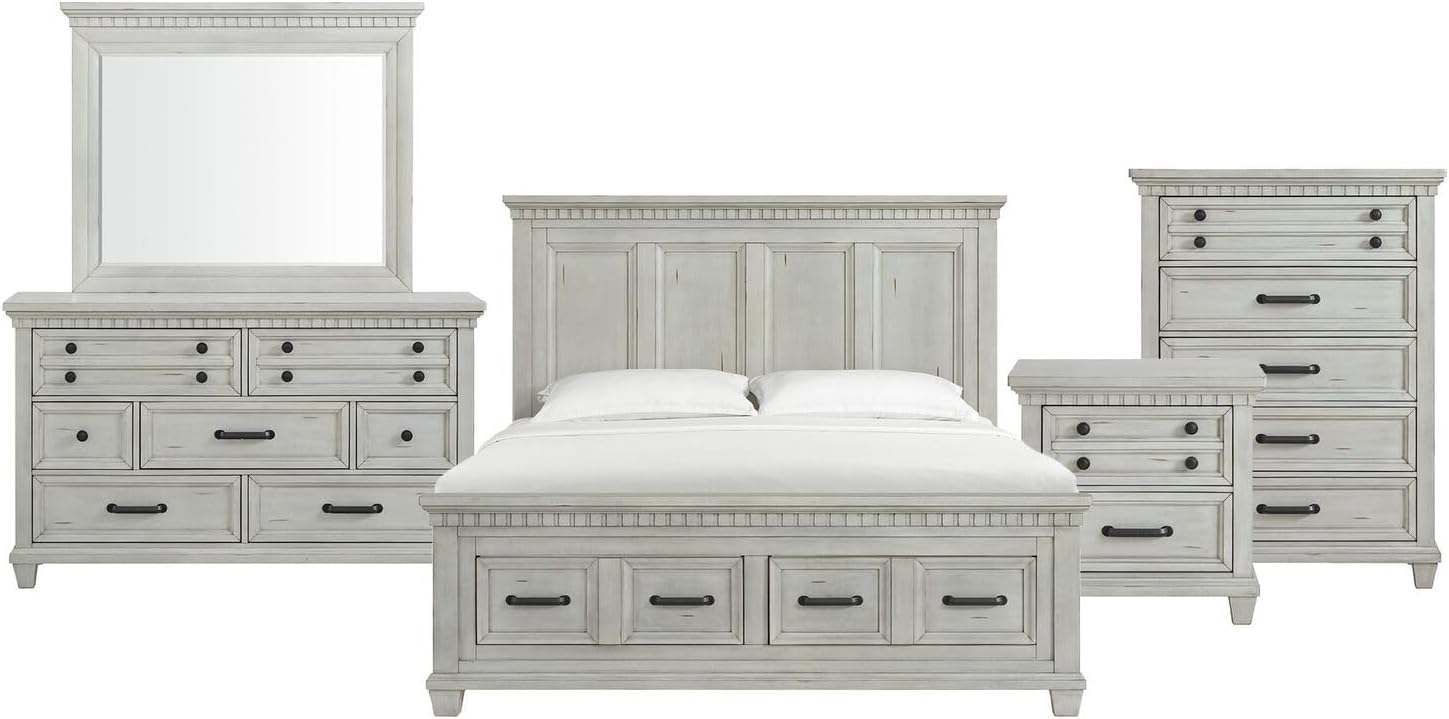 Picket House Furnishings Windom King Storage 5PC Bedroom Set in Antique White