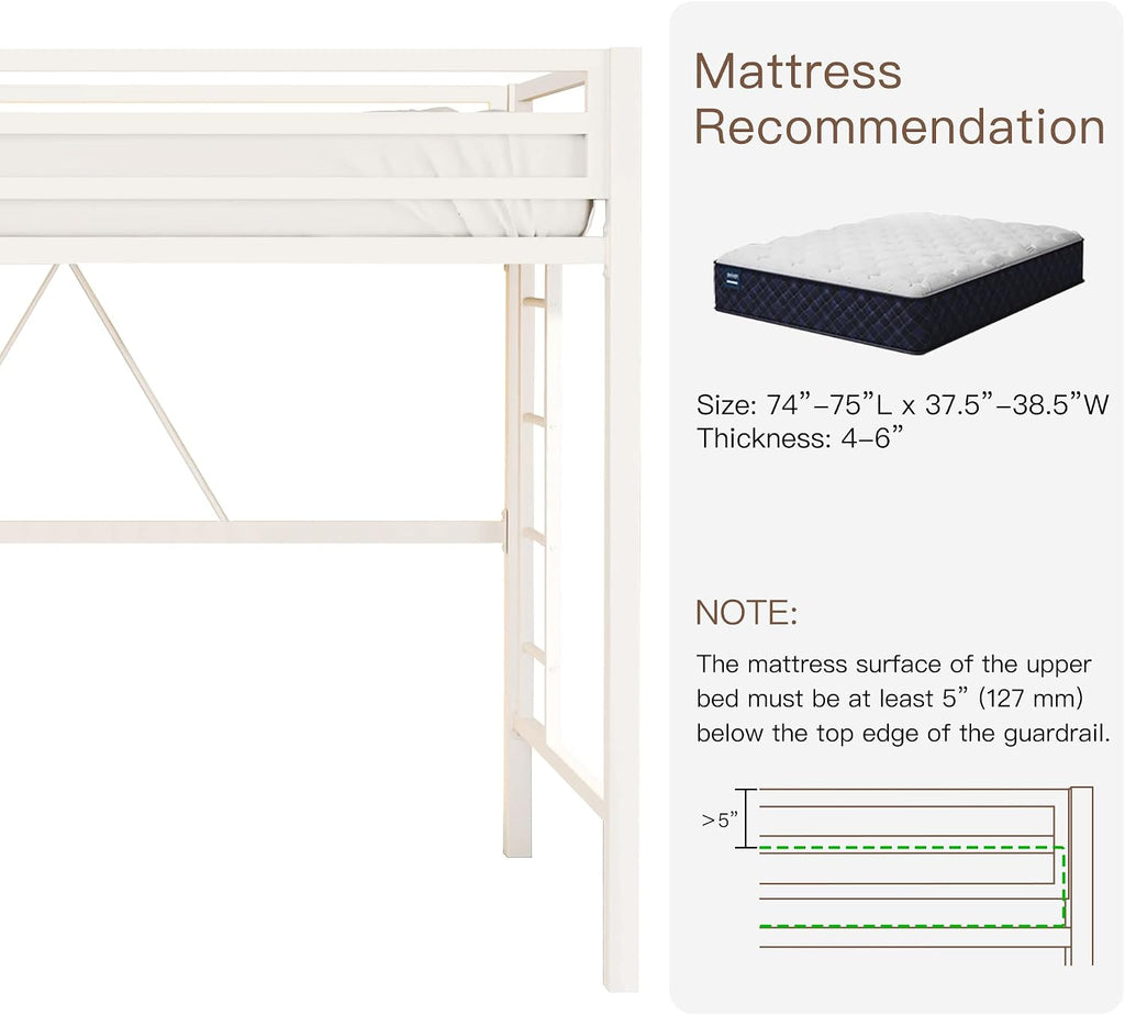ikalido Metal Loft Bed Twin Size with Safety Guardrail and Ladder, No Box Spring Needed Space Saving Bedroom Furniture,Cream White
