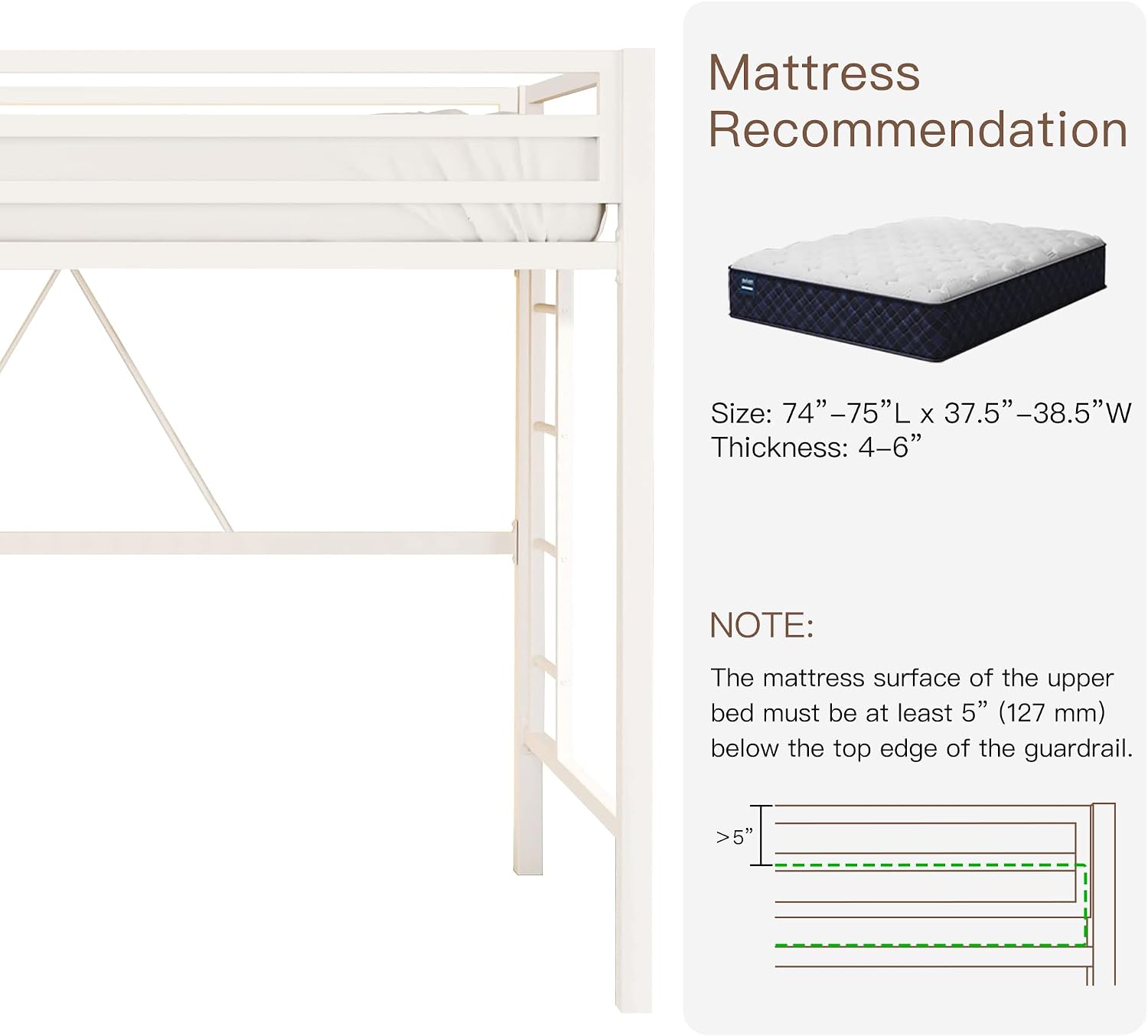 ikalido Metal Loft Bed Twin Size with Safety Guardrail and Ladder, No Box Spring Needed Space Saving Bedroom Furniture,Cream White