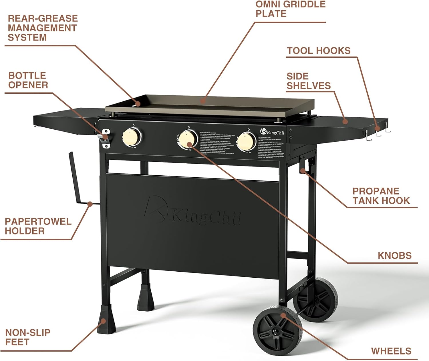 KingChii 28' 3-Burner Griddle with Counter Height Side Shelves, Powder Coated Steel, Black