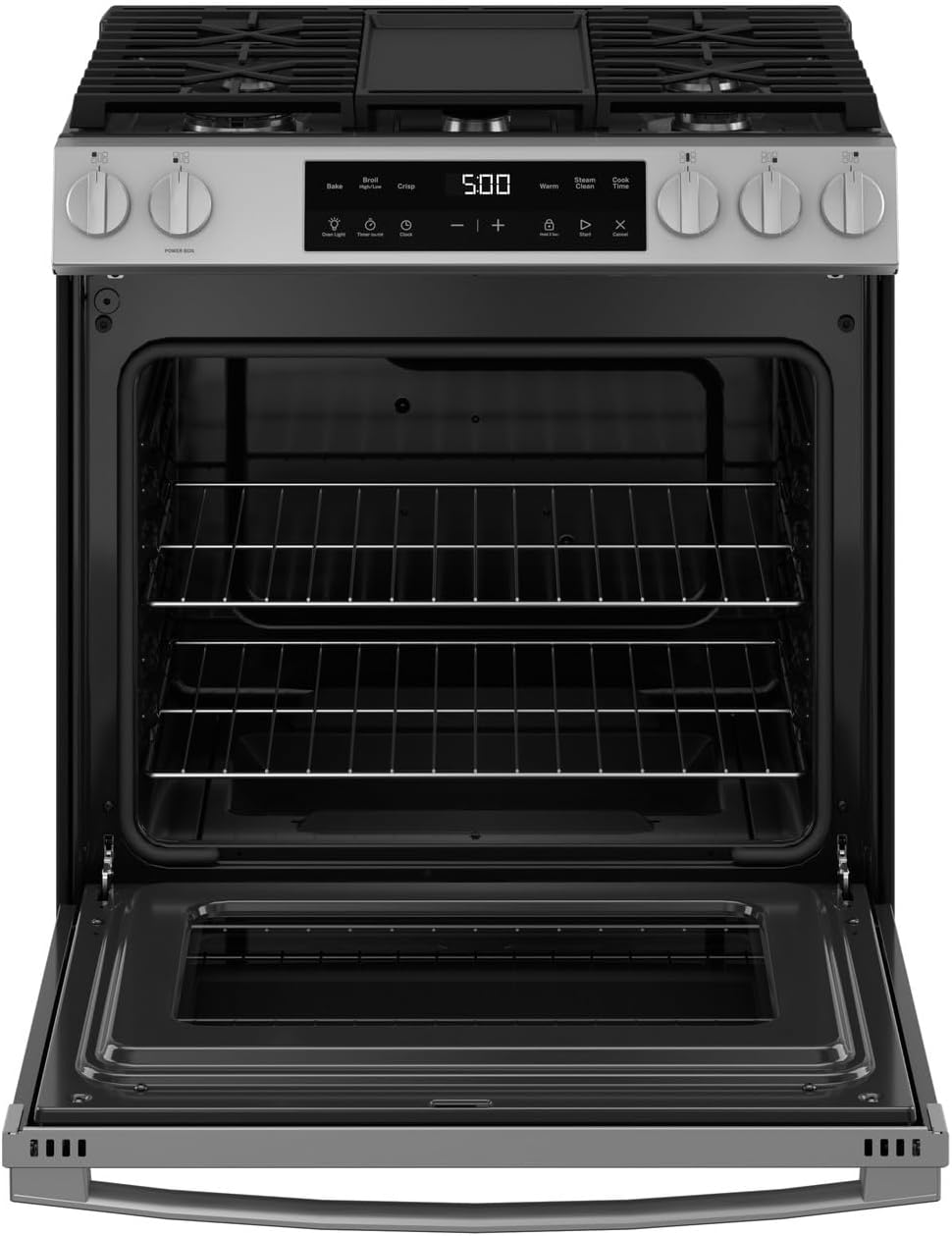 GE 30' Slide-In Front-Control Gas Range, 5.3 Cu. Ft. Oven, 5 Sealed Burners, Crisp Mode & Steam Clean, Stainless Steel – GGS500SVSS