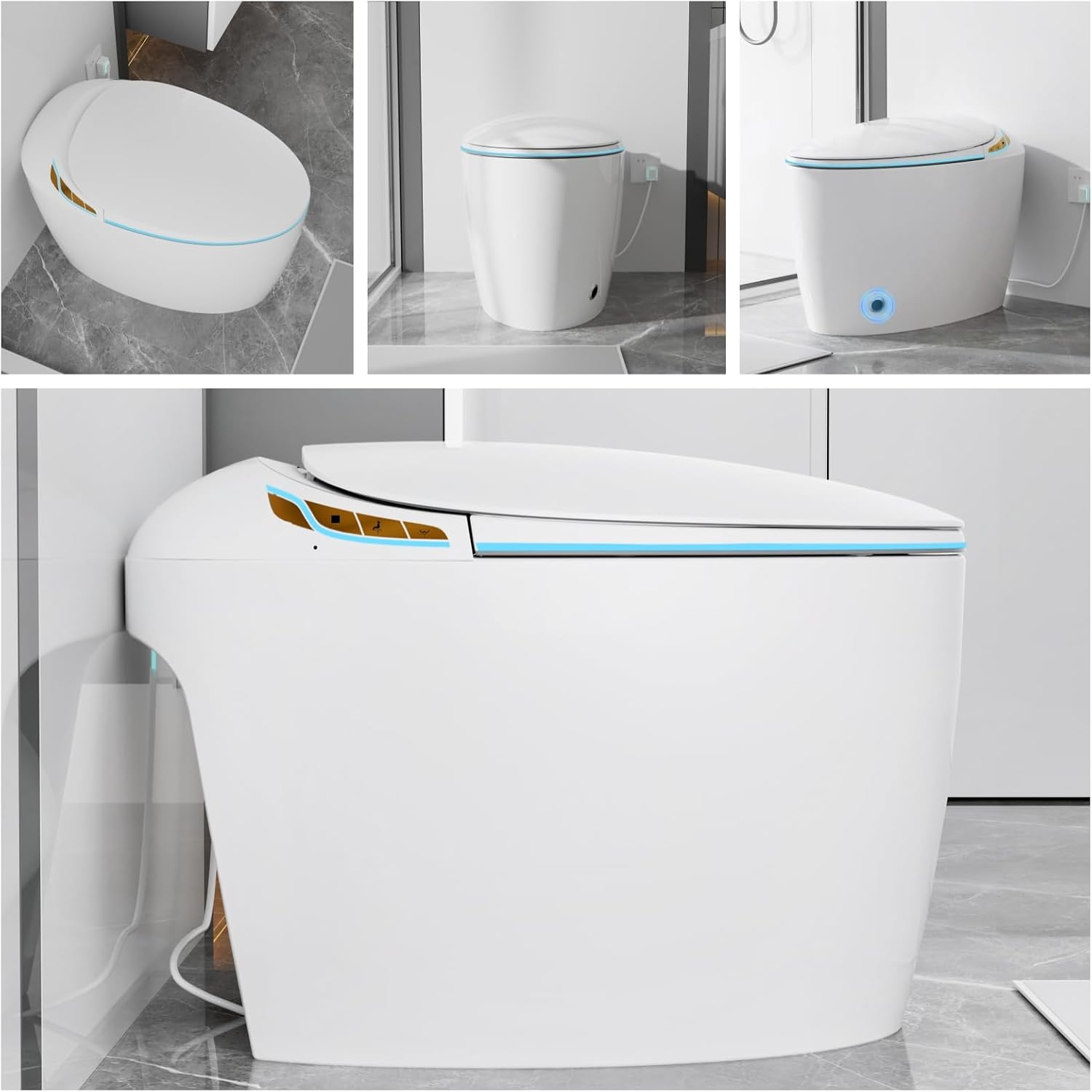 SouNor Tankless Smart Toilet with Bidet Built In, Heated Seat, Warm Water and Dry,Egg Design Foot Sensor and Night Light, Auto Flush, Auto Open & Close Lid,White