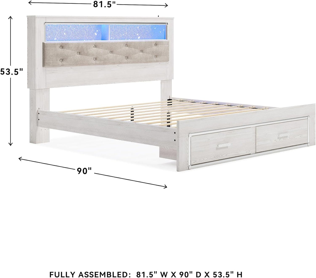 Signature Design by Ashley Altyra Contemporary Tufted King Upholstered Bookcase Platform Bed with LED Lights and 2 Drawers, Foundation or Box Spring Not Needed, White & Gray