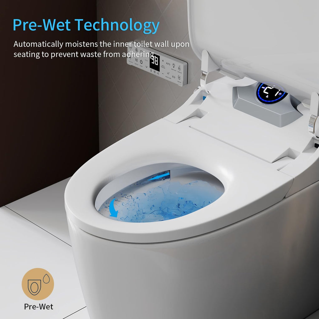 Smart Toilet Bidet with Foot Sensor Open Cover,Seat, Self Cleaning Nozzle, LED Display, Three Level Heated Seat,Airflow, Night Light, Knob Control, Soft Close, Auto Flush, with Remote Control
