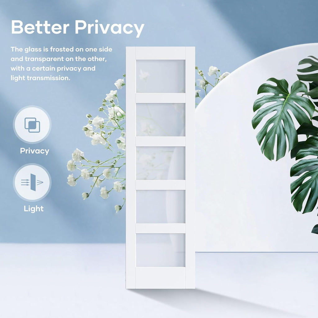 24x84 Inch Glass Sliding Barn Door Slab and 4ft Hardware Kit Included, 5 Frosted Glass, LVL Wood Panel Covered with White Water-Proof Scratch-Proof PVC Surface, Simple DIY Assembly