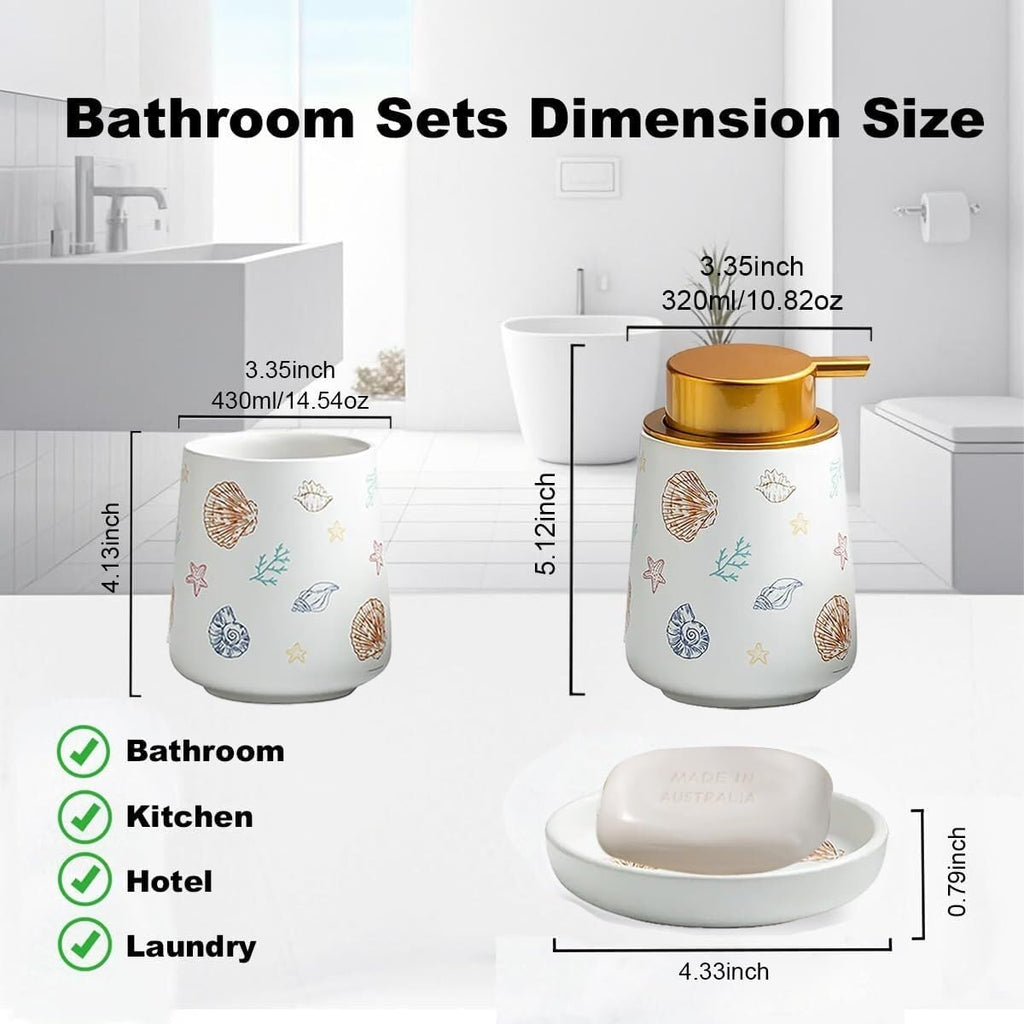 Bathroom Accessories Set Ceramic Bathroom Accessory Set Plant Patterns Accessories with Soap Dispenser Dish Tumbler for Home Decor Victorian(3 Piece Set-Ocean)
