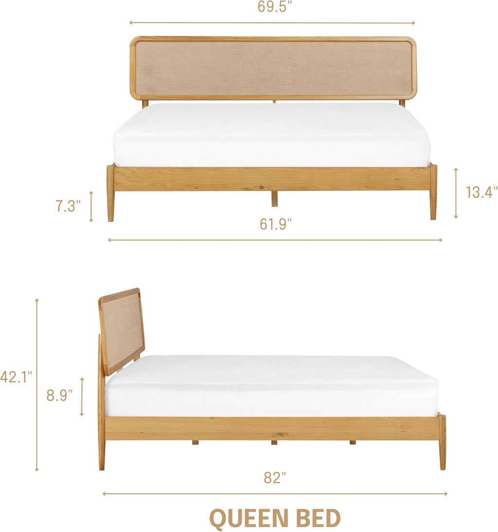 NTC Lupin Wooden Bed Frame with Headboard, Solid Oak and Rubber Wood Foundation with Silent Slats and Wood Central Supports, 1000 Lb Capacity (Rustic Oak, Queen)