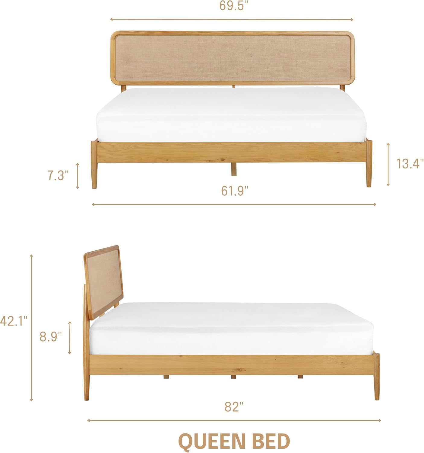 NTC Lupin Wooden Bed Frame with Headboard, Solid Oak and Rubber Wood Foundation with Silent Slats and Wood Central Supports, 1000 Lb Capacity (Rustic Oak, Queen)