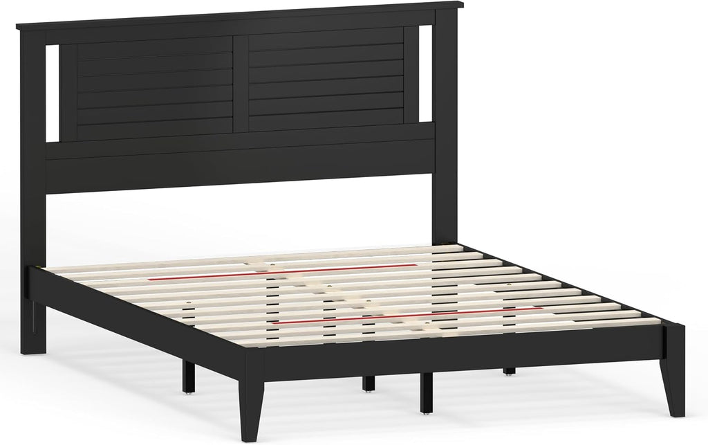 ComfIQ Solid Wood Platform Bed with Wooden Slats – Durable Frame, No Box Spring Required, Ample Underbed Storage, Black, Queen, Bed and Horizontal Slat Headboard
