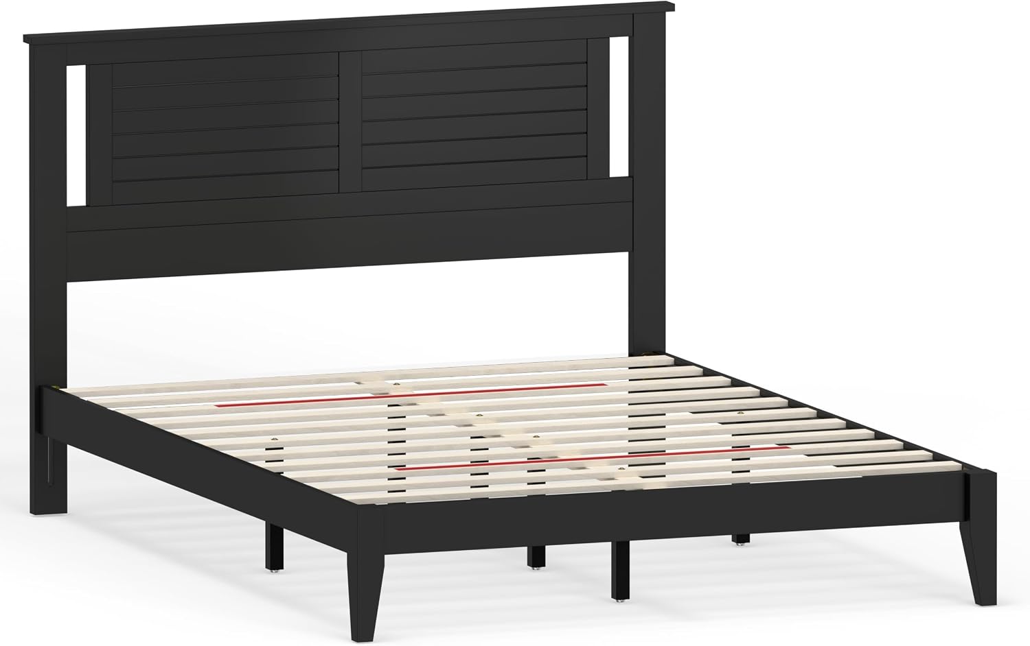 ComfIQ Solid Wood Platform Bed with Wooden Slats – Durable Frame, No Box Spring Required, Ample Underbed Storage, Black, Queen, Bed and Horizontal Slat Headboard