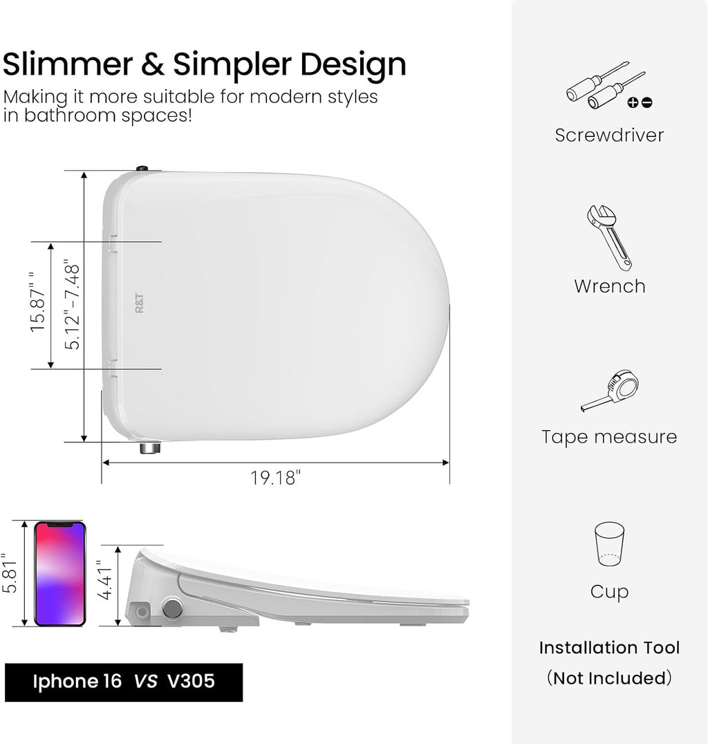 R&T V305 Round Bidet Toilet Seat, Electri Bidet Seat with Adjustable Warm Water, Air Dryer, Heated Seat, Night Light, Deodorization