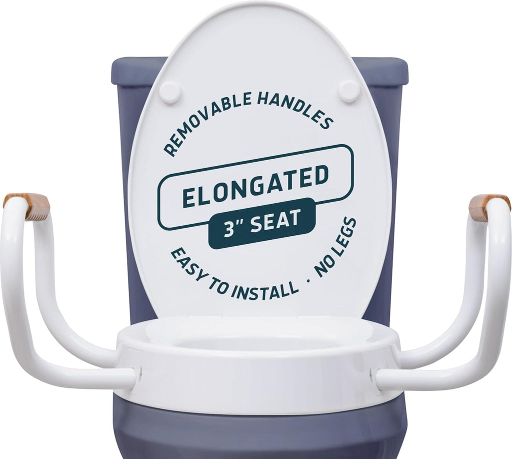 Lunderg Solva Raised Toilet Seat with Handles - Elongated - Easy to Install Toilet Seat Risers for Seniors - Adds 3 Inches & Works like the one you've always used - Elegant design - No Hospital Vibe
