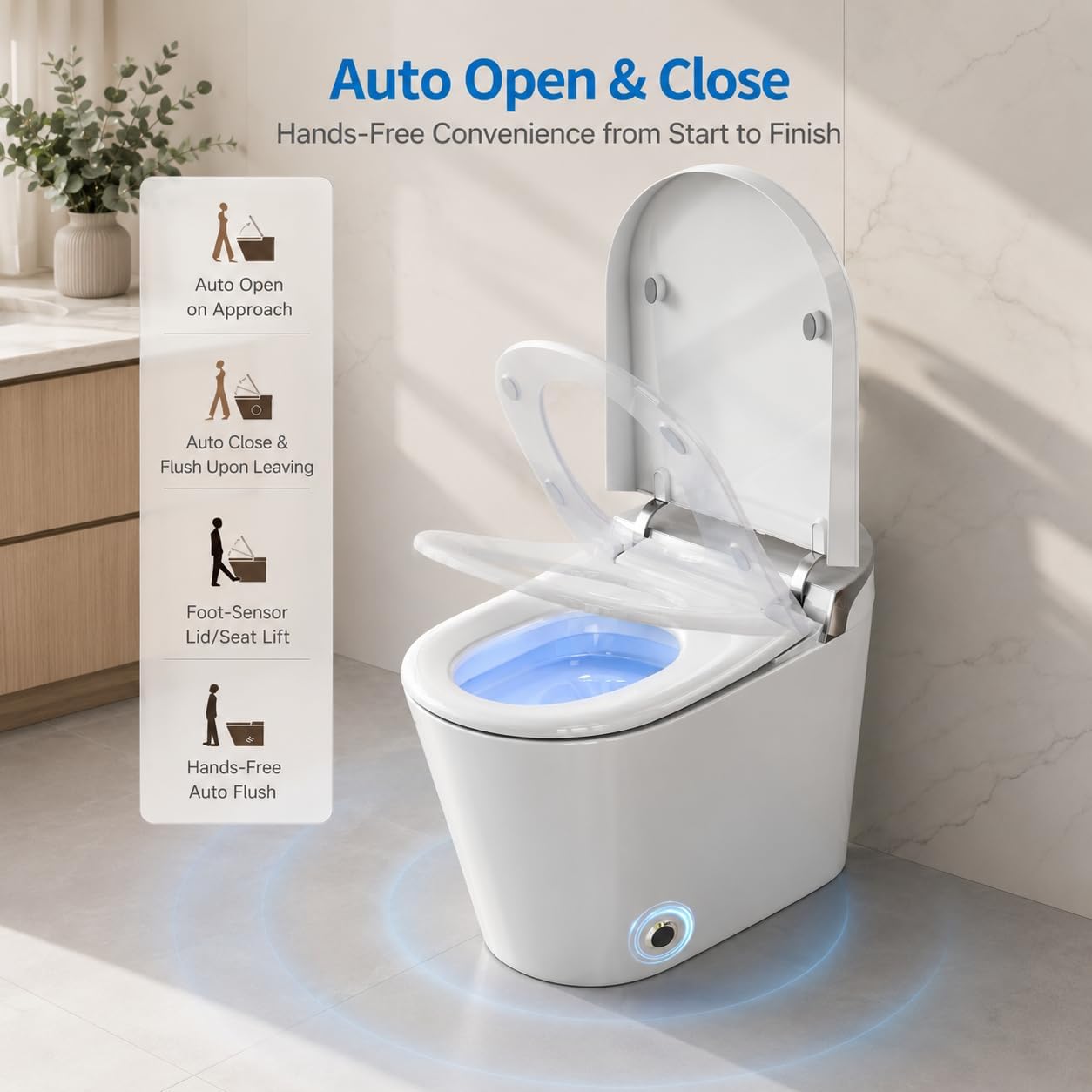 Smart Toilet with Bidet Built-In, Auto Open and Close, Elongated Bidet Toilet with Foot Sensor Flush, Heated Seat, Warm Water, Air Dryer, Foam Shield, Tankless Dual Flush & Remote Control