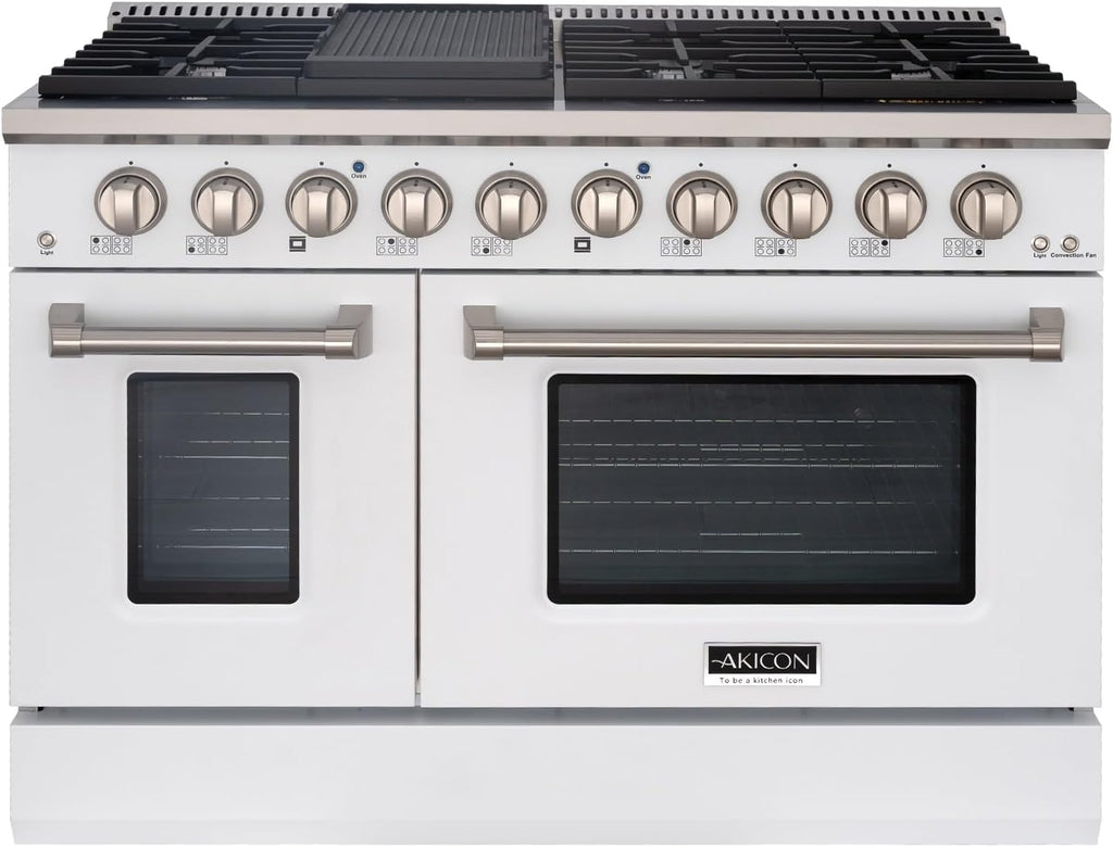 Akicon 48 Inch Freestanding Gas Range - 6.7 cu. ft. Double Rapid Convection Gas Oven Stove with 8 Sealed Burners & a Griddle, Heavy Duty Cast Iron Grates (White & Stainless Steel)