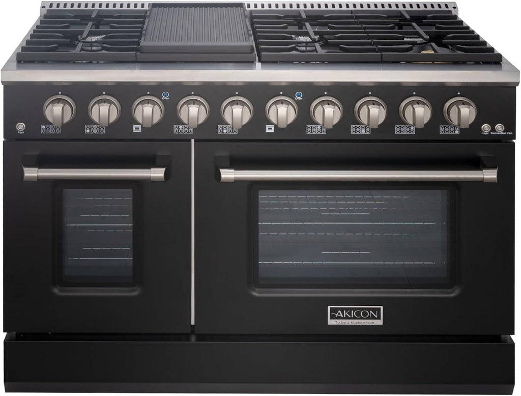 Akicon 48 Inch Freestanding Gas Range - 6.7 cu. ft. Double Rapid Convection Oven - Gas Stove with 8 Sealed Burners & a Griddle, Heavy Duty Cast Iron Grates (Black & Stainless Steel)