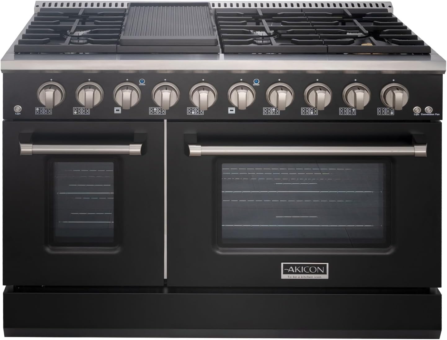 Akicon 48 Inch Freestanding Gas Range - 6.7 cu. ft. Double Rapid Convection Oven - Gas Stove with 8 Sealed Burners & a Griddle, Heavy Duty Cast Iron Grates (Black & Stainless Steel)