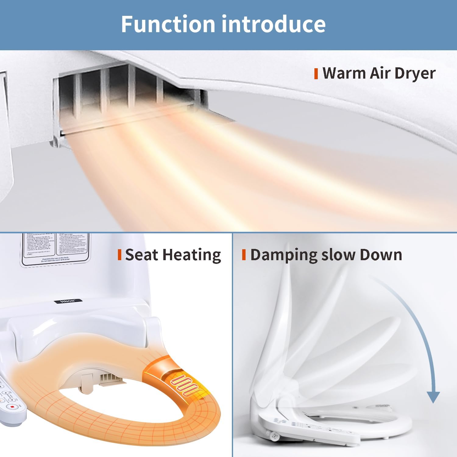 KERDE 08 Smart Electric Bidet Toilet Seat with Warm Air Dryer Heated Adjustable Warm Water Seat Temperature Self-Cleaning Nozzle Easy Installation for Most Toilets Elongated (Armrest-Control Model)