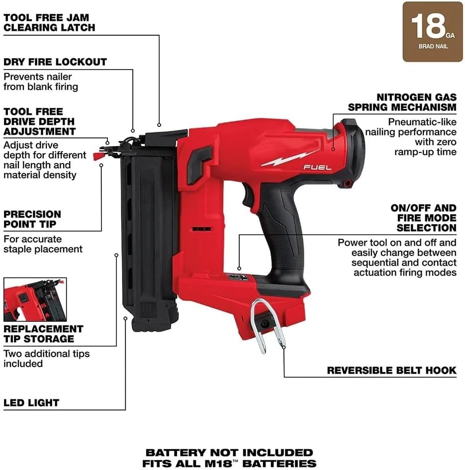 2746-20 Cordless Nailer for Milwaukee M18 FUEL 18V 18-Gauge Tool Free Drive Compact Brad Nailer - Bare Tool