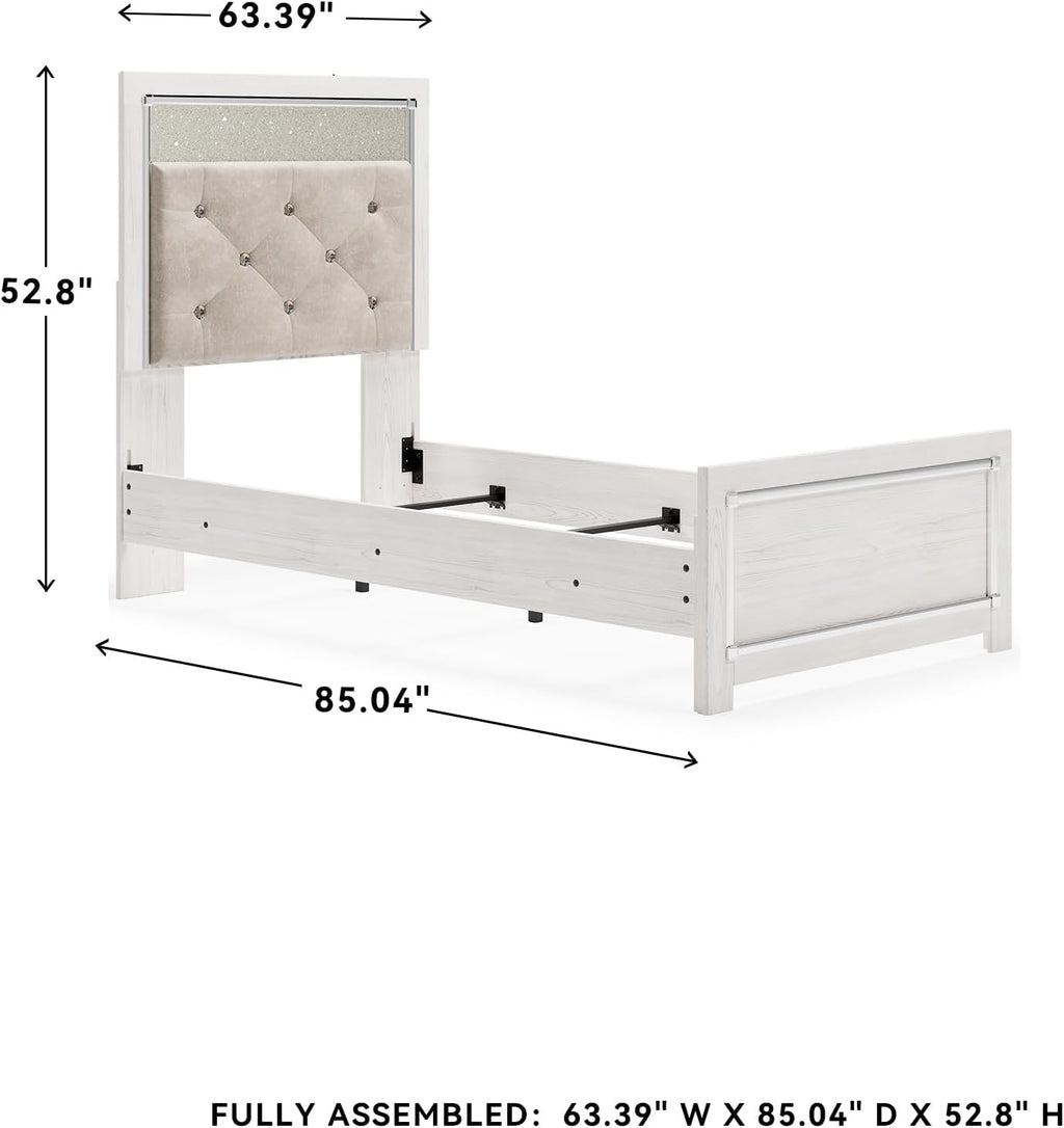 Signature Design by Ashley Altyra Contemporary Adjustable Tufted Twin Upholstered Panel Bed with LED Lights and Metal Slats, Foundation or Box Spring Needed, White & Gray