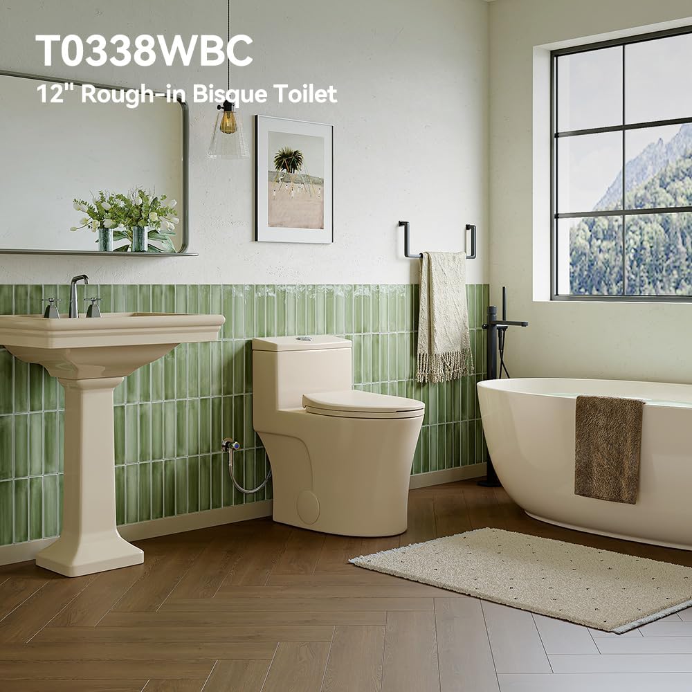 HOROW T0338WBC Elongated One Piece Toilet Bisque, ADA Toilet 17.3' with Comfortable Chair Height Seat, Modern Toilet for Bathroom, Dual Flush 0.8/1.28 GPF, 12' Rough-in Toilet Bowl Bisque